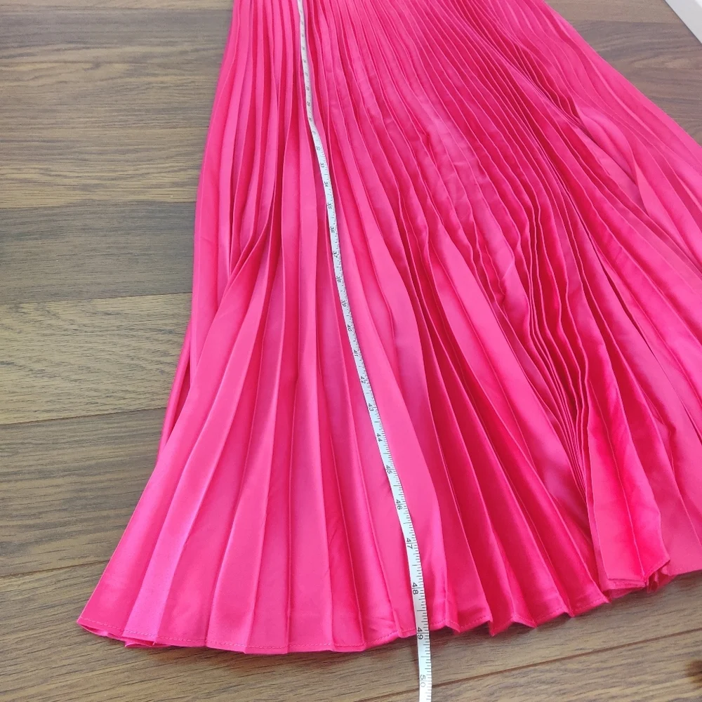 *Adelyn Rae Vibrant Pink Cutout Pleated Satin Dress Balloon Sleeve Size M - Picture 11 of 12